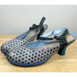 SOCOFY Slingback Mary Jane Pumps Womens 10 Grey Polka Dot Leather Retro Edgy